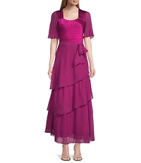 Komarov Square Neck Tiered Bottom Chiffon Sleeve Gown
