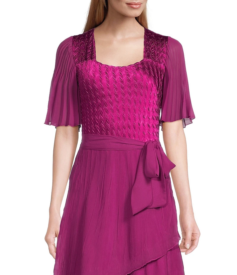 Komarov Square Neck Tiered Bottom Chiffon Sleeve Gown