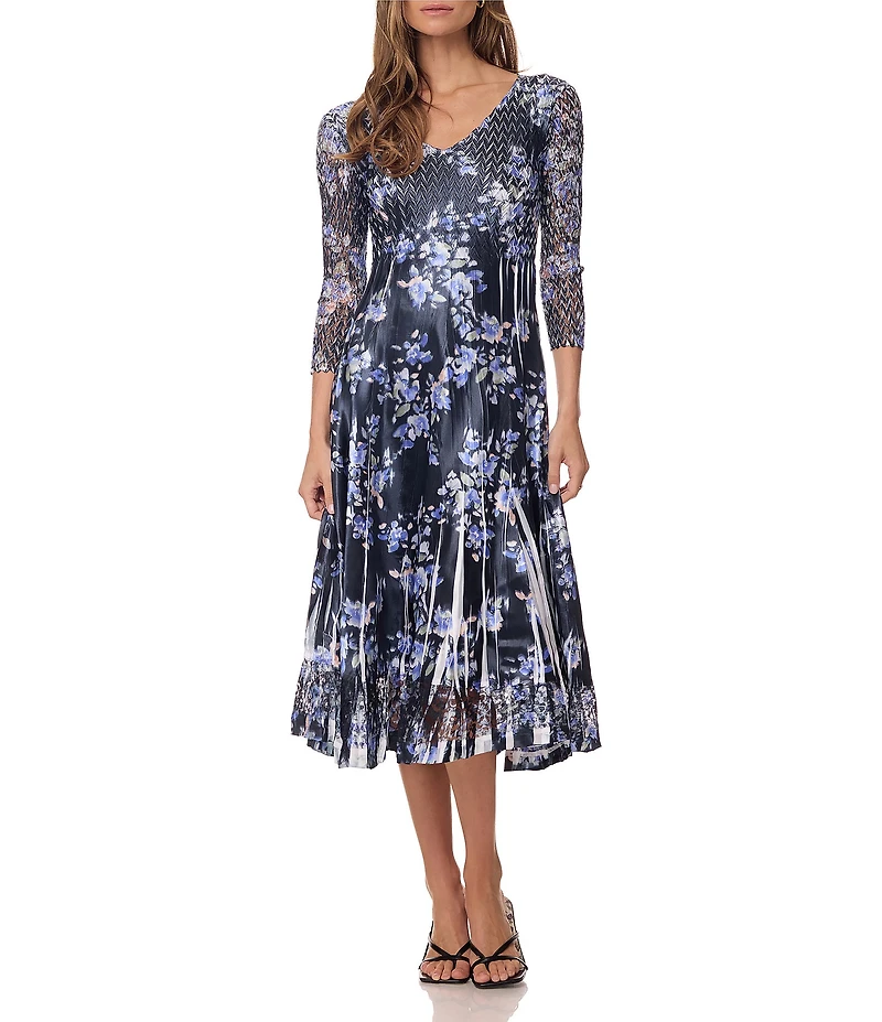 Komarov Tea Length Printed Dress With 3/4 Sleeves and Lace Trim