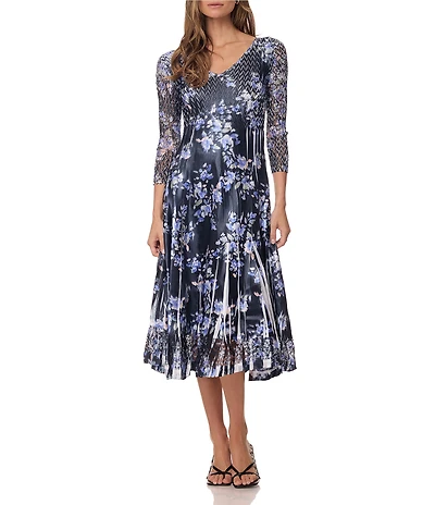Komarov Tea Length Printed Dress With 3/4 Sleeves and Lace Trim