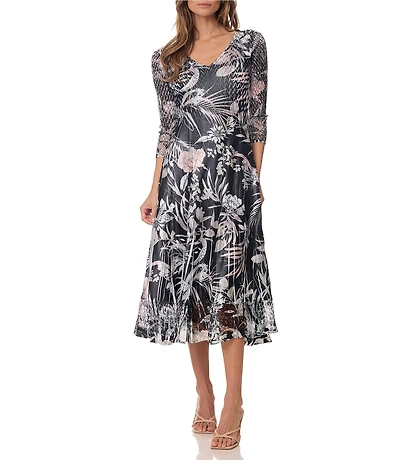 Komarov Tropical Printed Tea Length 3/4 Sleeve Dress