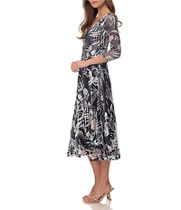 Komarov Tropical Printed Tea Length 3/4 Sleeve Dress