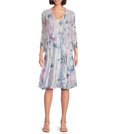 Komarov Two Piece Chiffon Charmeuse Floral Sheath Pleated 3/4 Sleeve Sheath Jacket Dress