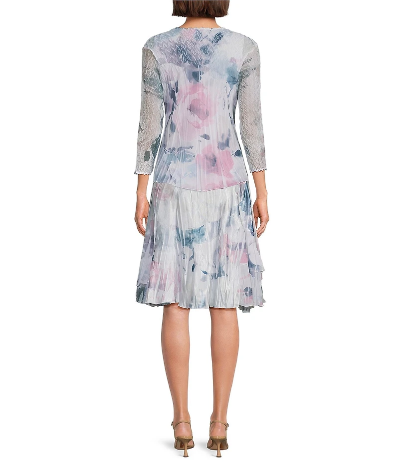 Komarov Two Piece Chiffon Charmeuse Floral Sheath Pleated 3/4 Sleeve Sheath Jacket Dress