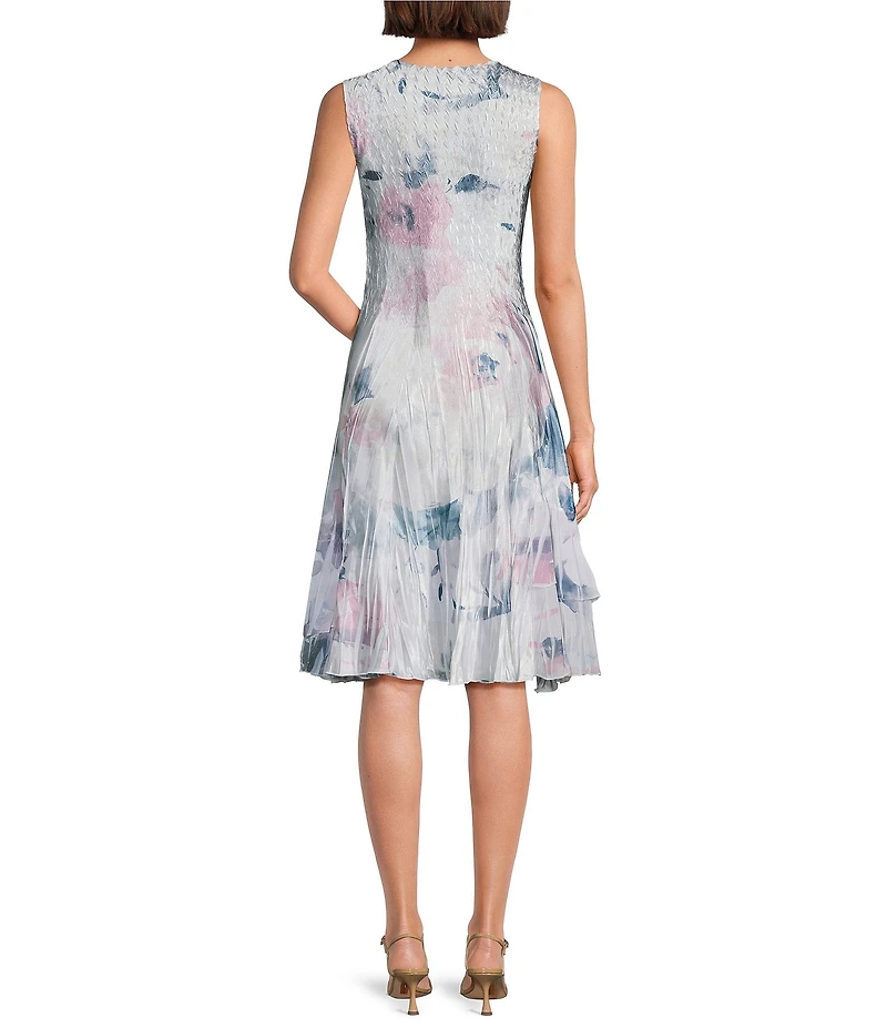 Komarov Two Piece Chiffon Charmeuse Floral Sheath Pleated 3/4 Sleeve Sheath Jacket Dress