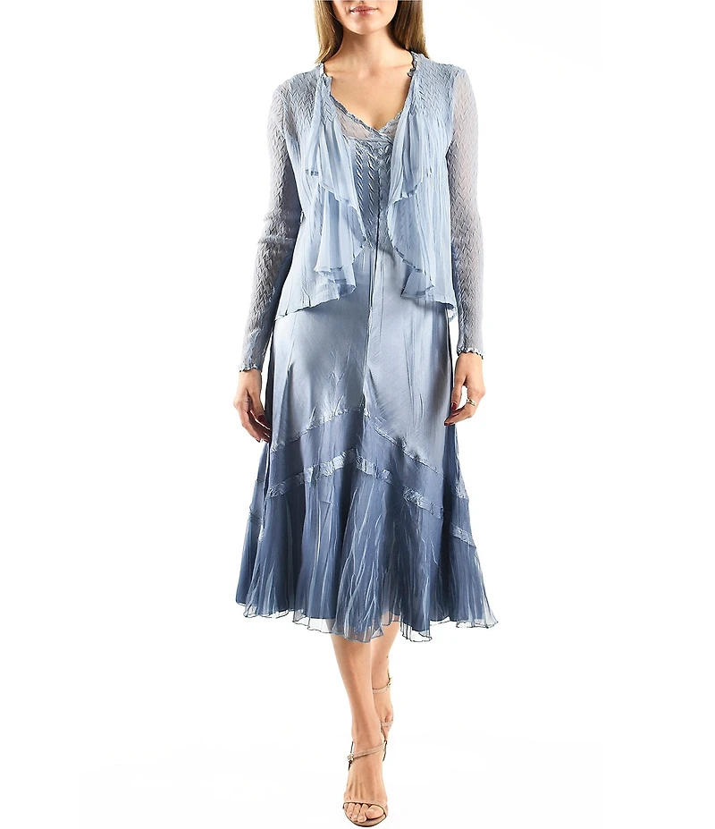 Komarov Two Piece Set Charmeuse Chiffon V-Neck A-Line Midi Dress With Cardigan