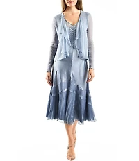 Komarov Two Piece Set Charmeuse Chiffon V-Neck A-Line Midi Dress With Cardigan