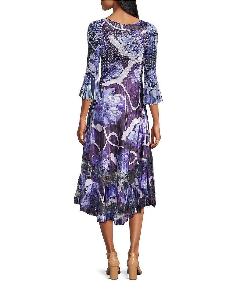Komarov V-Neck 3/4 Bell Sleeve Floral Print Mixed Media Aline Midi Dress