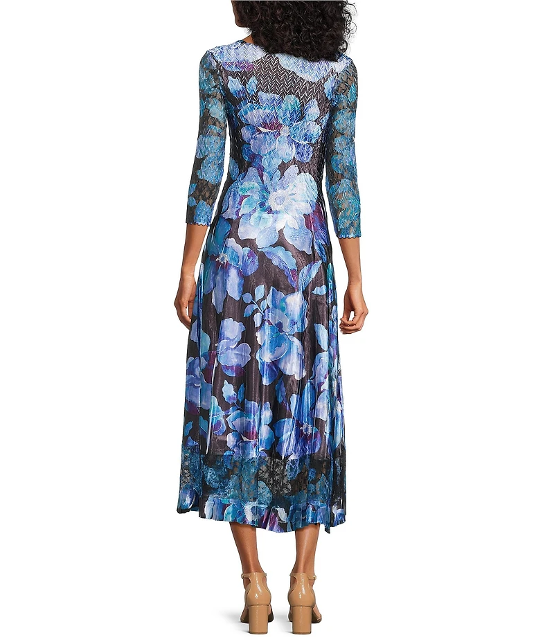 Komarov V-neck 3/4 Sleeve Floral Printed Charmeuse Satin Lace Inset A-Line Midi Dress