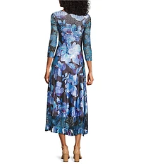 Komarov V-neck 3/4 Sleeve Floral Printed Charmeuse Satin Lace Inset A-Line Midi Dress