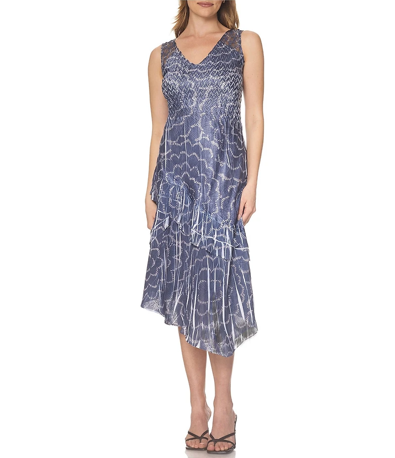 Komarov V-Neck A-Symmetrical Tiered Midi Dress