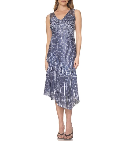 Komarov V-Neck A-Symmetrical Tiered Midi Dress