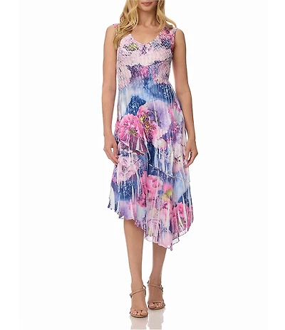 Komarov V Neck Asymmetrical Hem Midi Sleeveless Dress