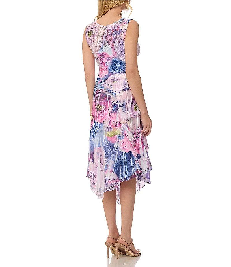 Komarov V Neck Asymmetrical Hem Midi Sleeveless Dress