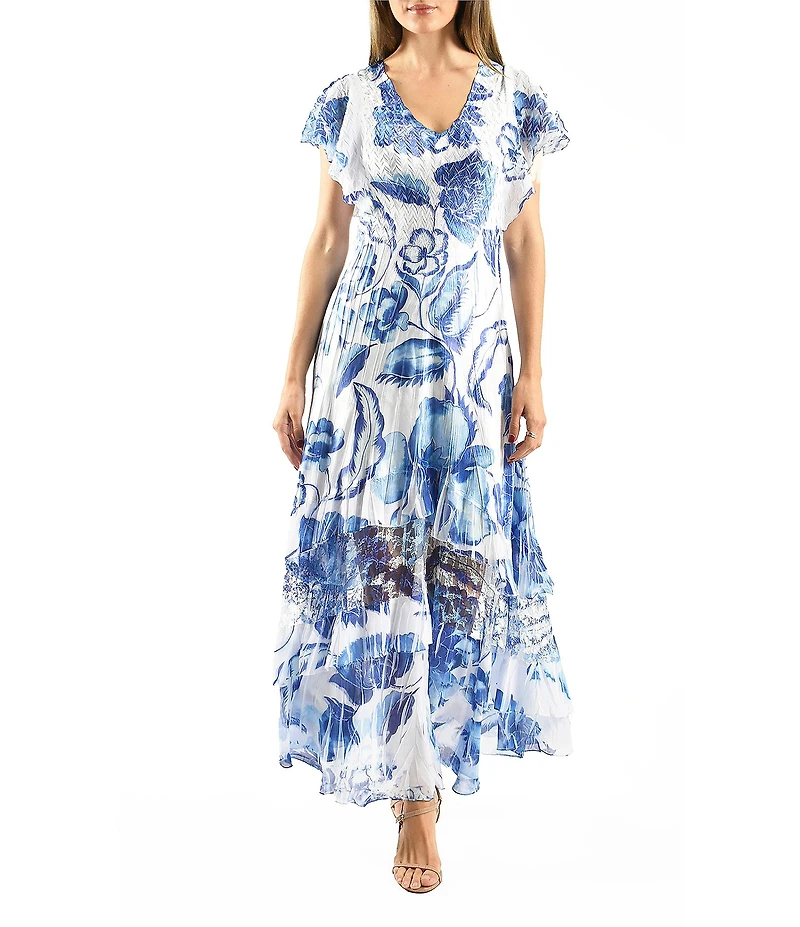 Komarov V-Neck Flutter Sleeve Printed Charmeuse Aline Maxi Dress