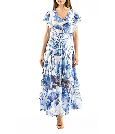 Komarov V-Neck Flutter Sleeve Printed Charmeuse Aline Maxi Dress