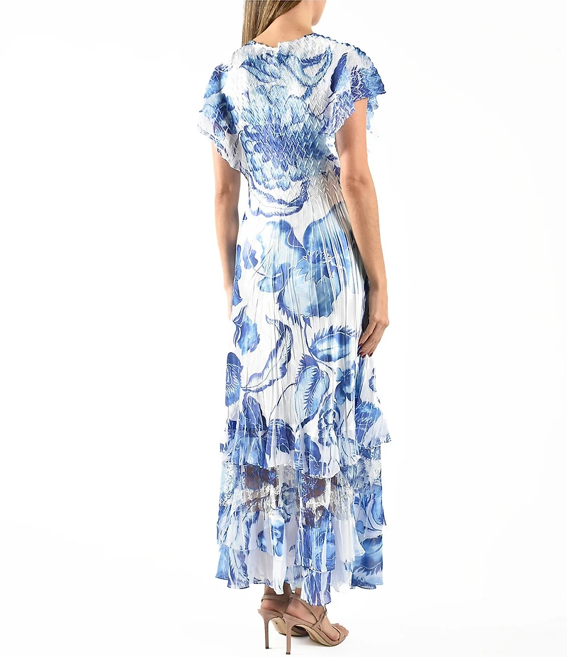 Komarov V-Neck Flutter Sleeve Printed Charmeuse Aline Maxi Dress