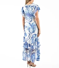 Komarov V-Neck Flutter Sleeve Printed Charmeuse Aline Maxi Dress