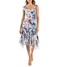Komarov V-Neck Lace Cape Sleeve Floral Leopard Print Asymmetrical Hem Chiffon Midi Dress