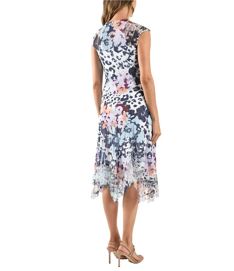 Komarov V-Neck Lace Cape Sleeve Floral Leopard Print Asymmetrical Hem Chiffon Midi Dress