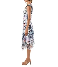 Komarov V-Neck Lace Cape Sleeve Floral Leopard Print Asymmetrical Hem Chiffon Midi Dress