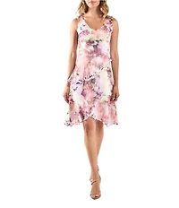 Komarov V-Neck Sleeveless Abstract Floral Tiered Mixed Media Shift Dress