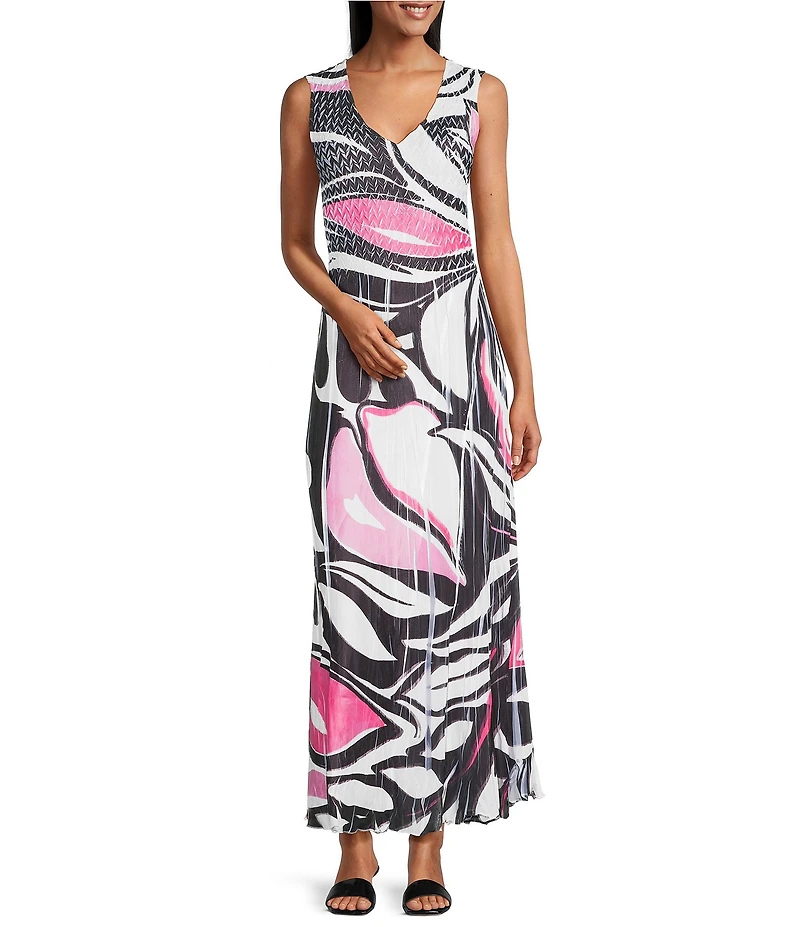 Komarov V-Neck Sleeveless Floral Printed Mixed Media A-Line Maxi Dress