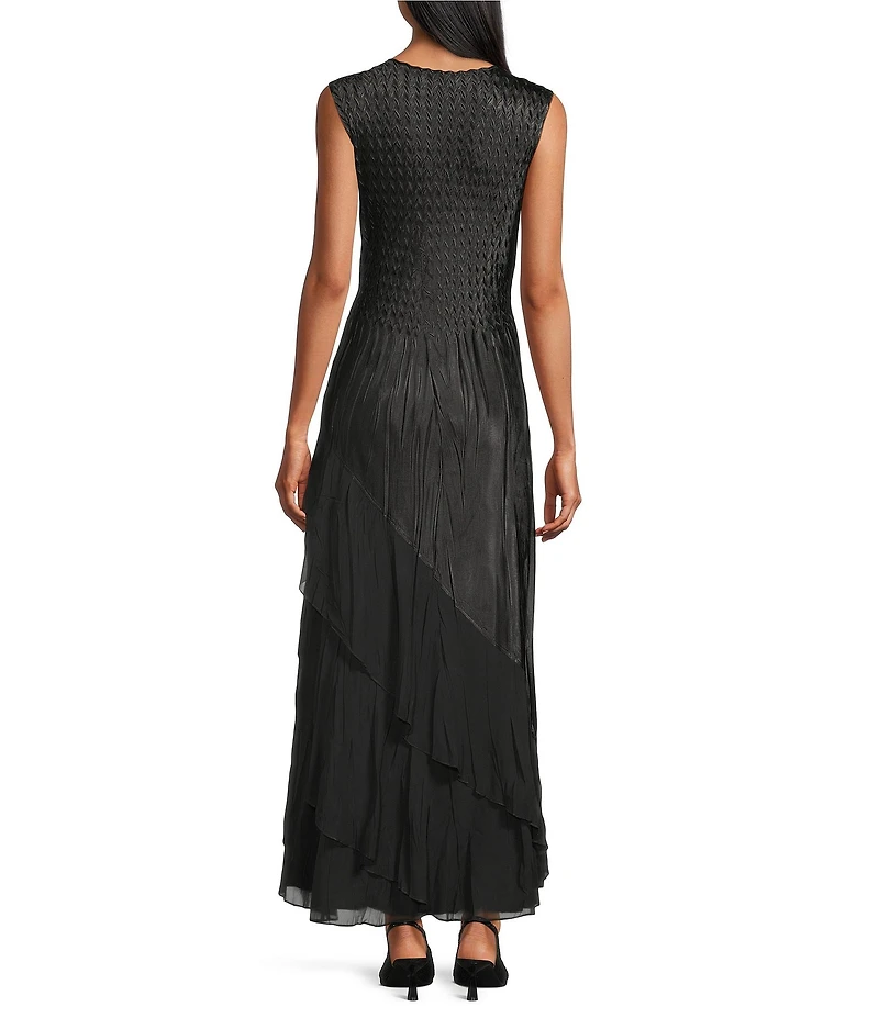 Komarov V-Neck Sleeveless Cascading Chiffon Ruffle Front Charmuese Satin Maxi Dress