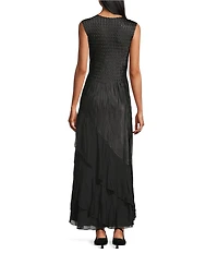 Komarov V-Neck Sleeveless Cascading Chiffon Ruffle Front Charmuese Satin Maxi Dress
