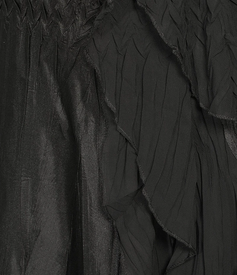 Komarov V-Neck Sleeveless Cascading Chiffon Ruffle Front Charmuese Satin Maxi Dress