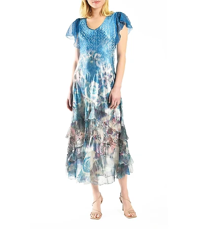 Komarov Weeping Pansy Border Mixed Media Floral Accordion Pleating Lace Trim V-Neck Ruffle Detail Sheath Dress