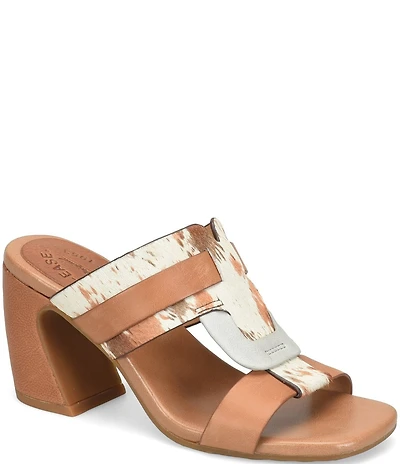 Kork-Ease Brynn Cow Print Haircalf and Leather Block Heel Slide Sandals