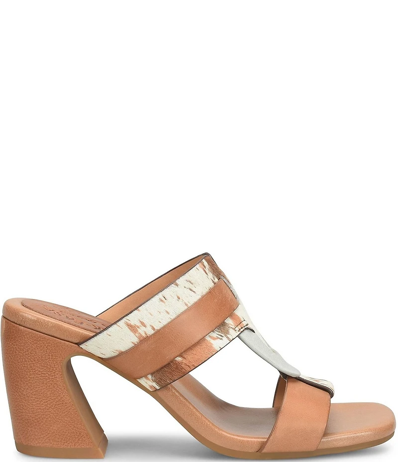 Kork-Ease Brynn Cow Print Haircalf and Leather Block Heel Slide Sandals
