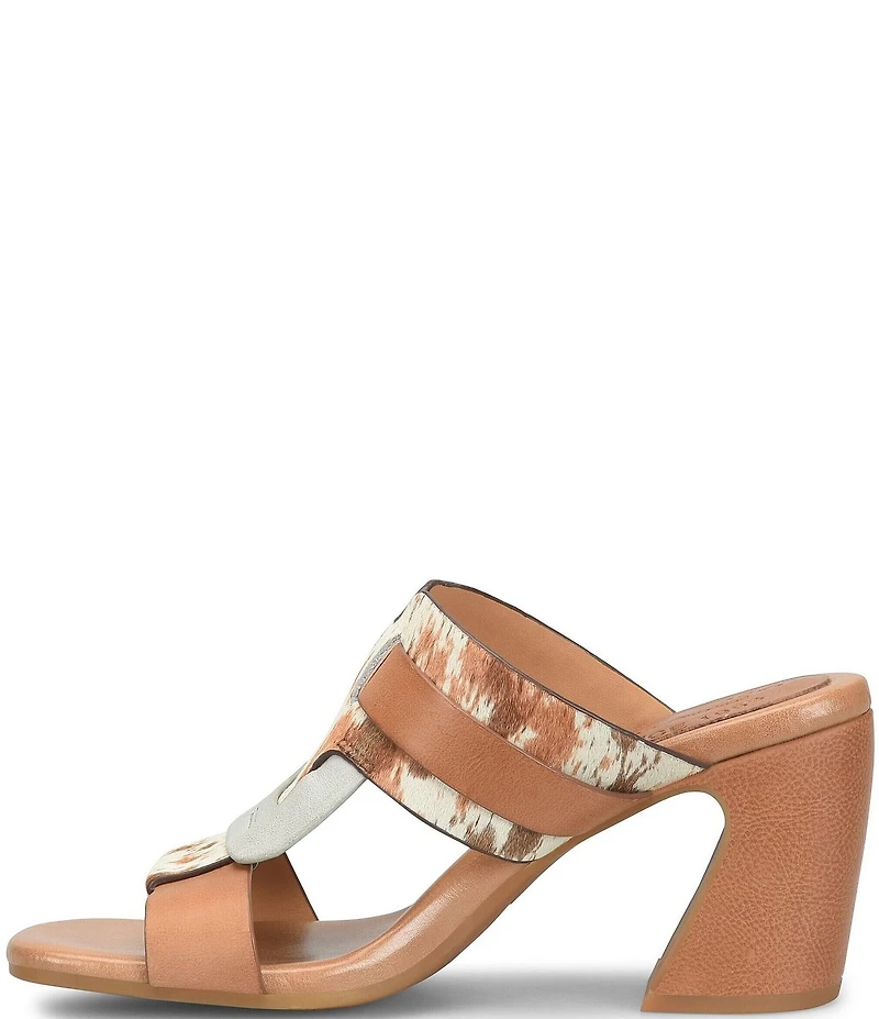 Kork-Ease Brynn Cow Print Haircalf and Leather Block Heel Slide Sandals