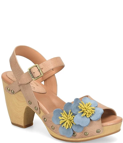 Kork-Ease Garden Off White Floral Leather Block Heel Sandals