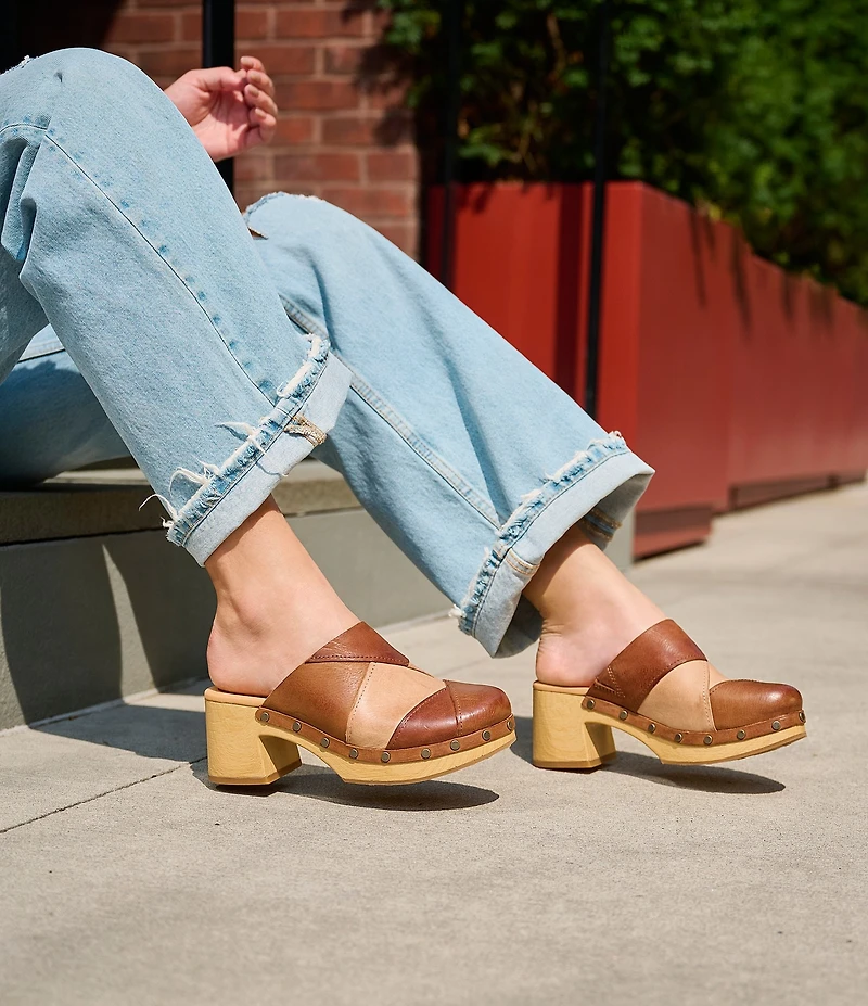 Kork-Ease Tay Leather Studded Patchwork Block Heel Clogs