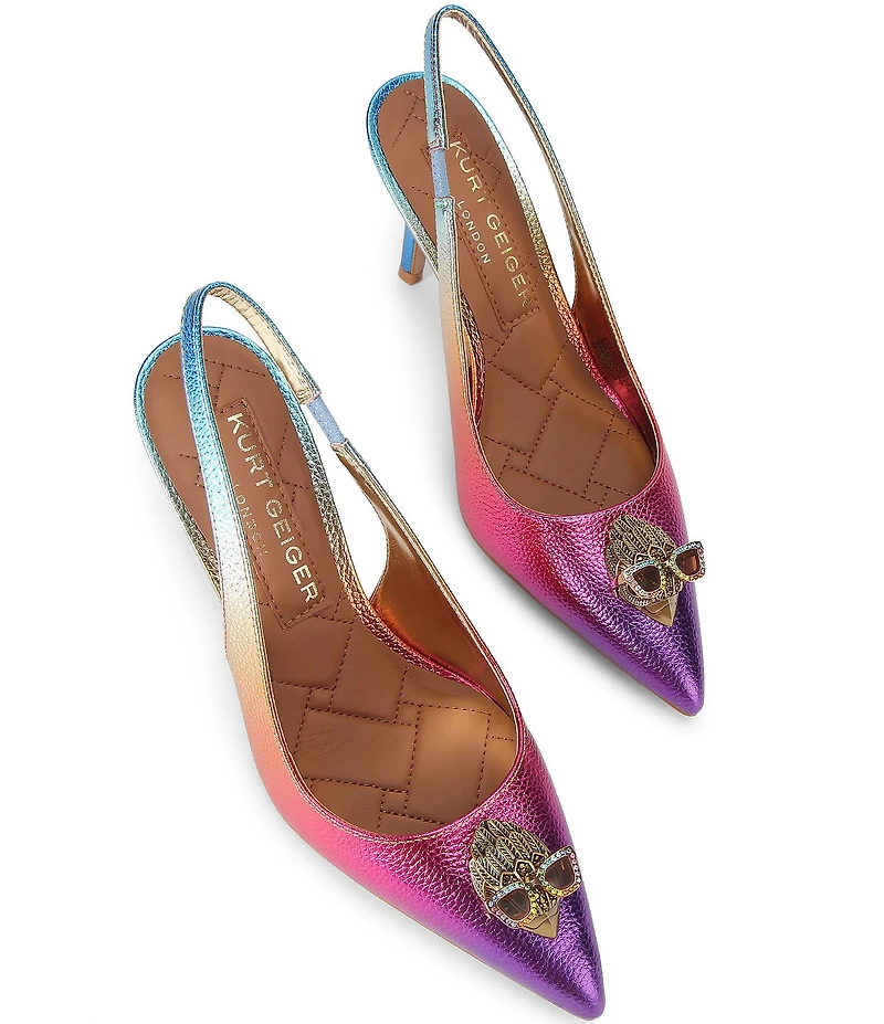 Kurt Geiger London Belgravia Metallic Rainbow Leather Logo Ornament Slingback Pumps