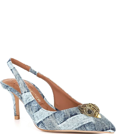 Kurt Geiger London Belgravia Denim Patchwork Logo Ornament Slingback Dress Pumps