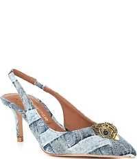 Kurt Geiger London Belgravia Denim Patchwork Logo Ornament Slingback Dress Pumps