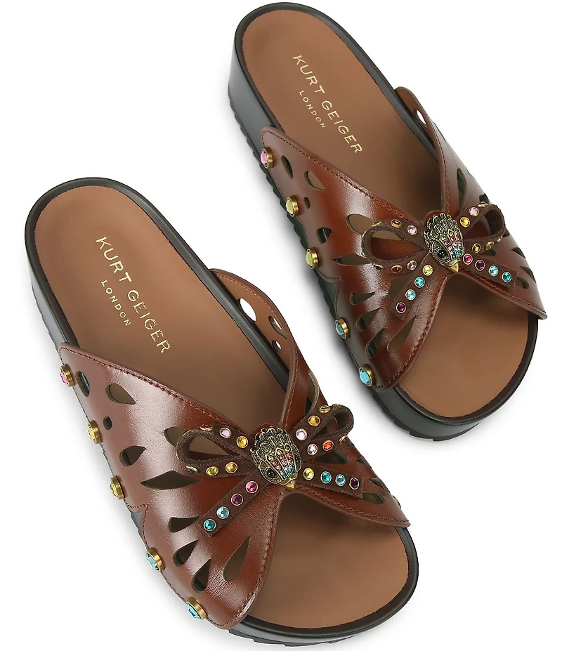 Kurt Geiger London Boho Butterfly Leather Jewel Embellished Bow Logo Slide Sandals