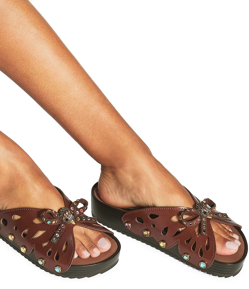 Kurt Geiger London Boho Butterfly Leather Jewel Embellished Bow Logo Slide Sandals