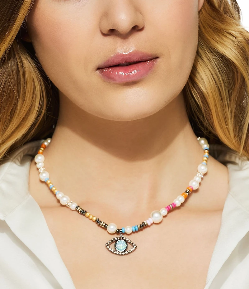 Kurt Geiger London Boho Evil Eye Pearl Strand Short Pendant Necklace