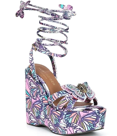 Kurt Geiger London Butterfly Silk Ankle Tie Embellished Platform Wedge Sandals