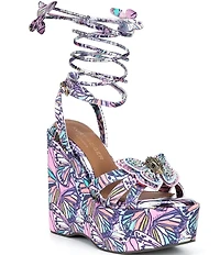Kurt Geiger London Butterfly Silk Ankle Tie Embellished Platform Wedge Sandals