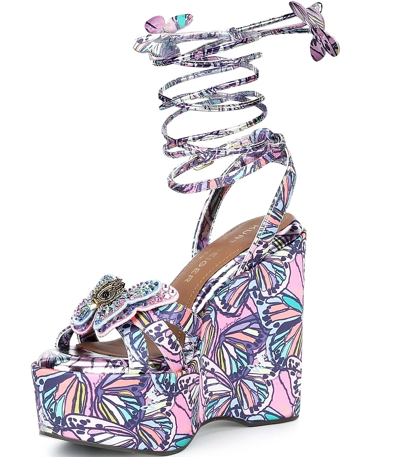 Kurt Geiger London Butterfly Silk Ankle Tie Embellished Platform Wedge Sandals
