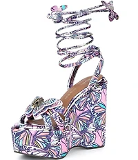 Kurt Geiger London Butterfly Silk Ankle Tie Embellished Platform Wedge Sandals