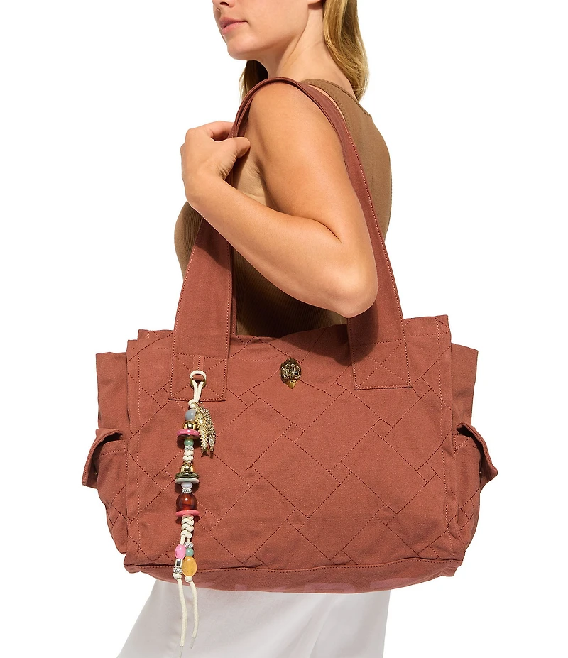 Kurt Geiger London Celia Canvas Overstich Quilted Fabric Rope Fish & Beaded Charm Tote Bag