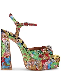 Kurt Geiger London Chelsea Crystal Embellished Floral Jacquard Platform Peep Toe Dress Sandals