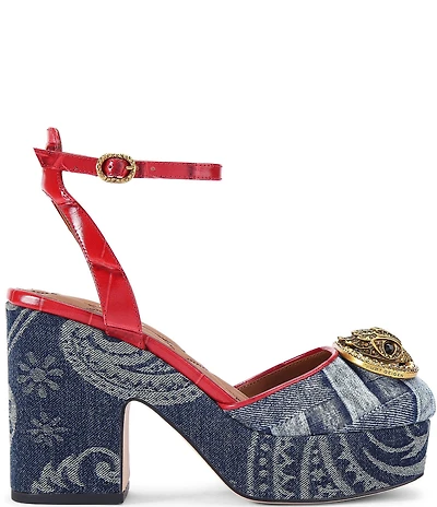 Kurt Geiger London Chelsea Paisley Denim Logo Ornament Croco Ankle Strap Platform Pumps