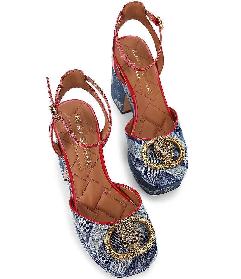 Kurt Geiger London Chelsea Paisley Denim Logo Ornament Croco Ankle Strap Platform Pumps